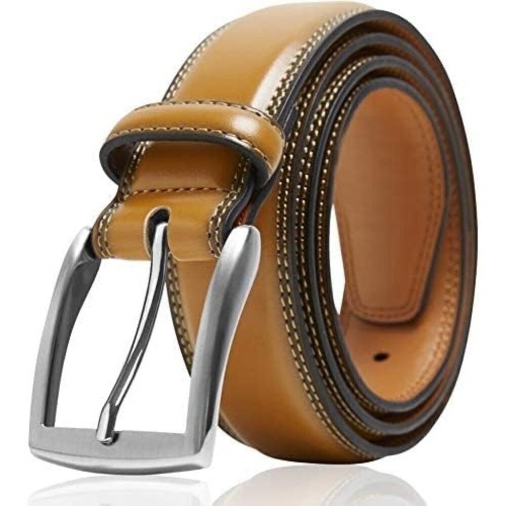 Genuine Leather Dress Belt for Men Tan Mens Belt for Suits Jeans Uniform USA